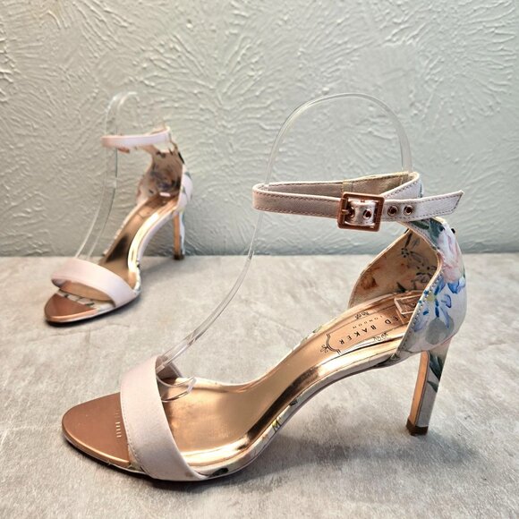 Ted Baker Ankle Strap Heels Size 7.5 Pink Floral Dressy Open Toe Heeled Sandals - Picture 1 of 11